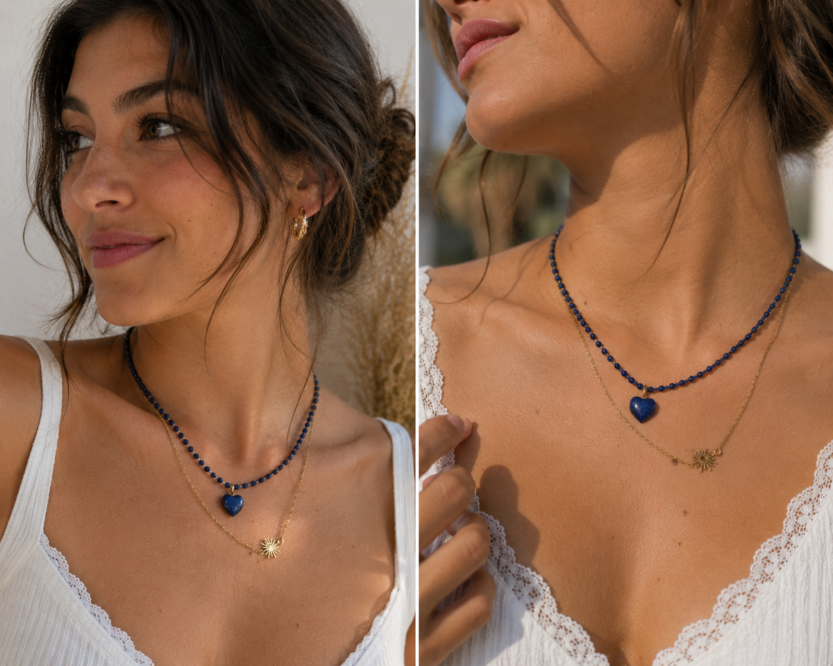 Collier lapis-lazuli cœur et soleil – bijou bohème