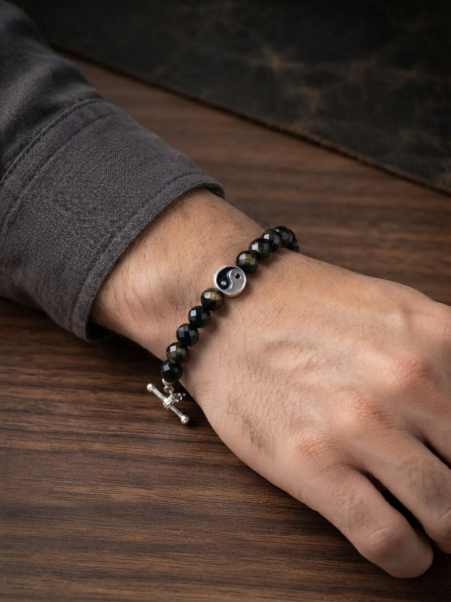 Bracelet homme obsidienne dorée facettée – Yin Yang