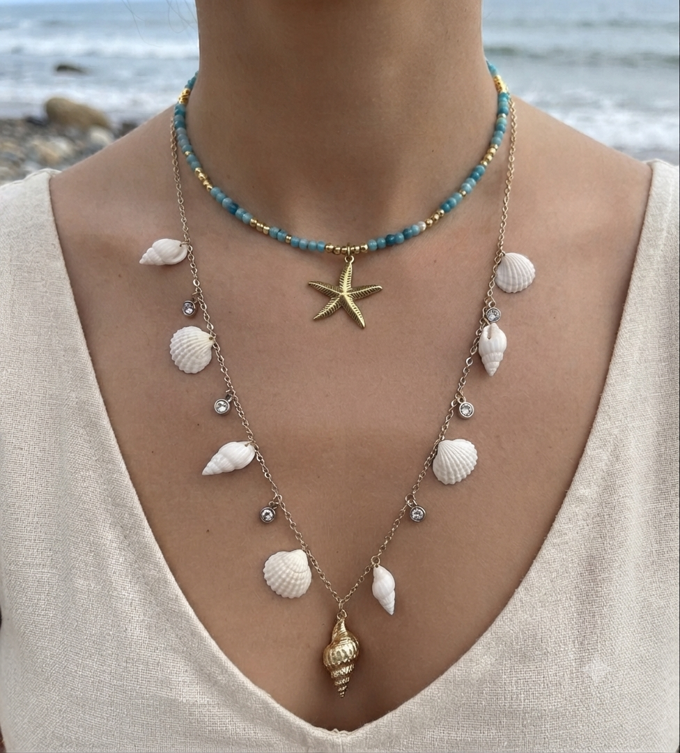 Collier coquillages naturels Océa – pendentif doré bohème