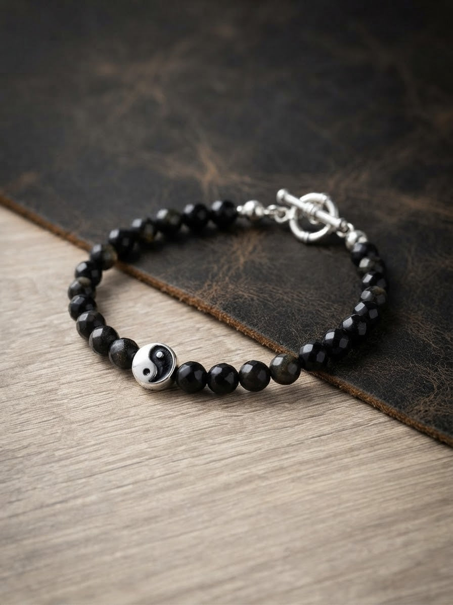 Bracelet homme obsidienne dorée facettée – Yin Yang