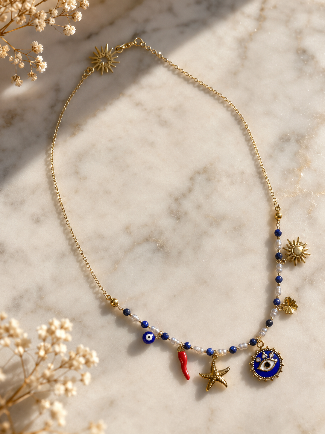 Collection Lapis Lazuli : Collier Œil et cornetto protecteur Bijoux Bohèmes & Symboliques