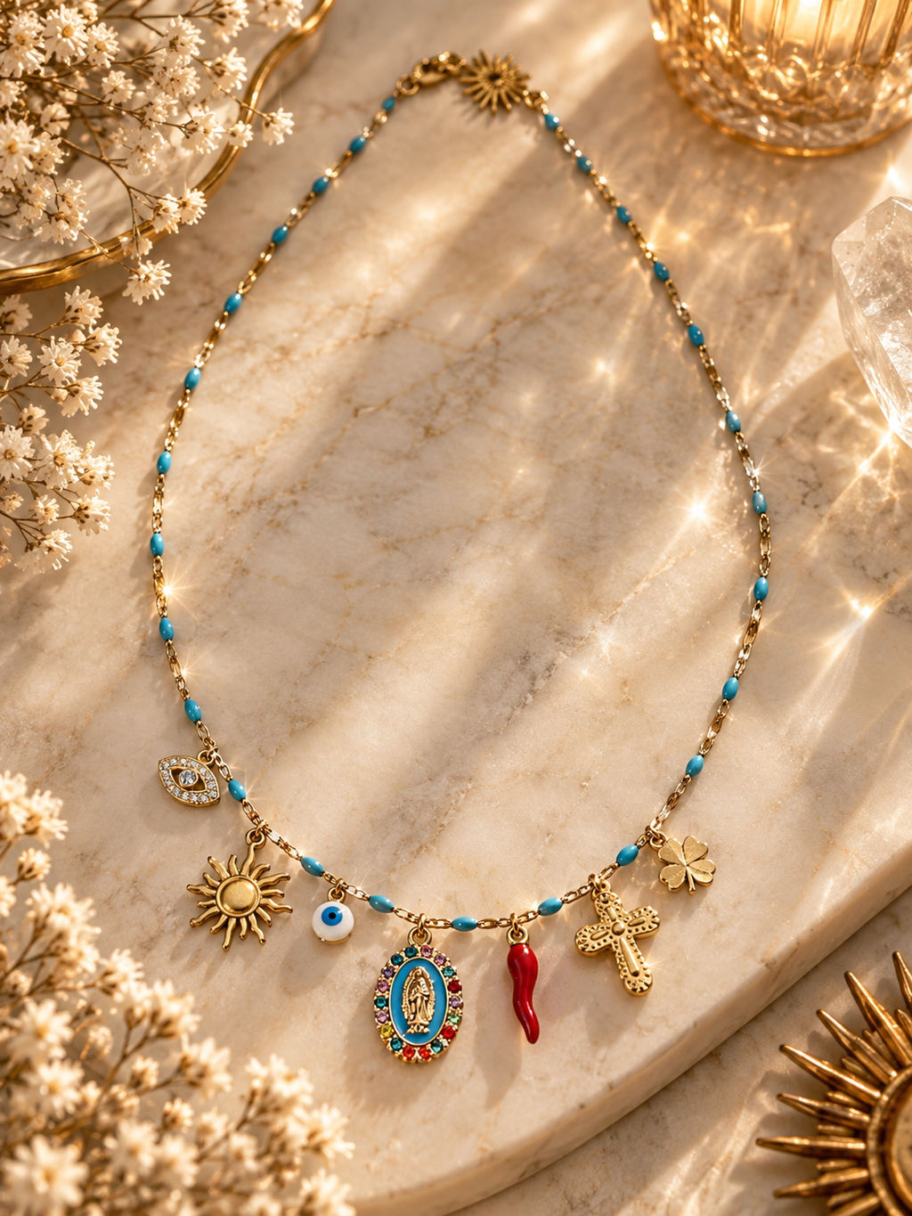✨ Collier Azura – Charms Porte-Bonheur & Vierge Marie