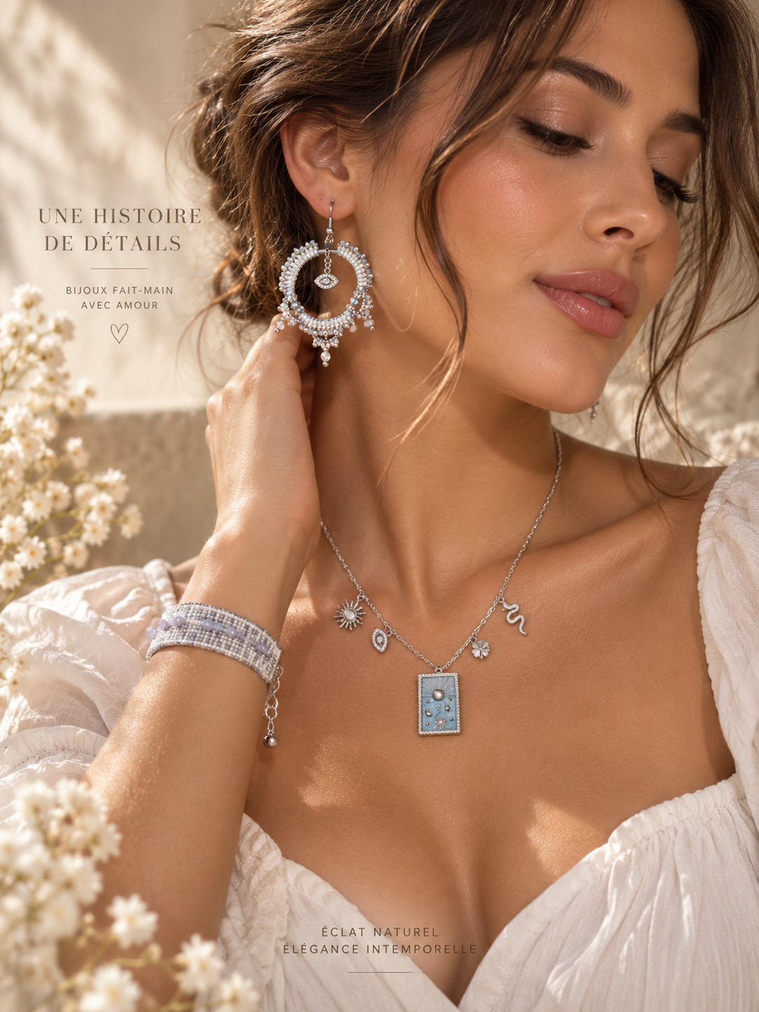 Créoles Pierre de Lune Bleutée & Miyuki Argent – Collection Tzigana