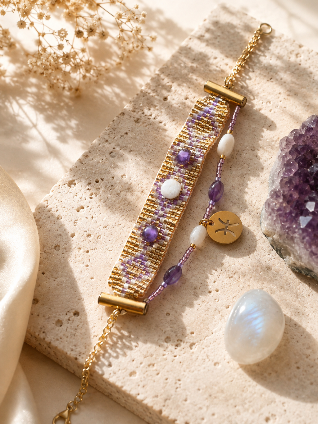 Parure Divine améthyste et pierre de lune – collier et bracelets
