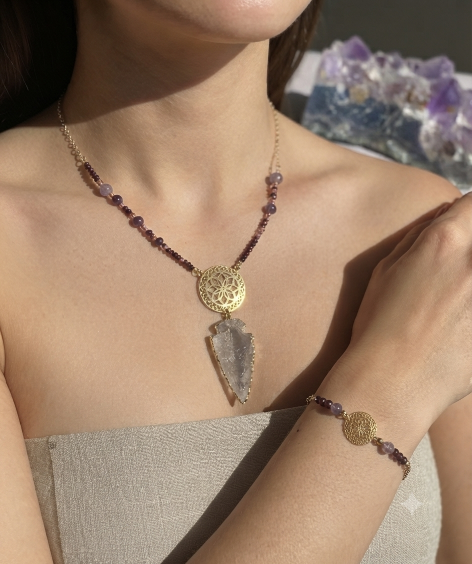 Parure cristal de roche – collier talisman et bracelet assorti