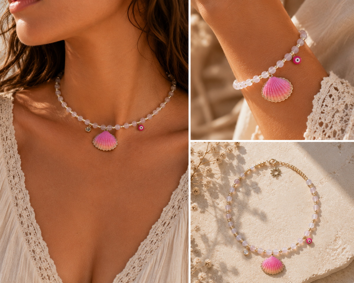Bracelet quartz rose et coquillage Aphrodite – bijou doré