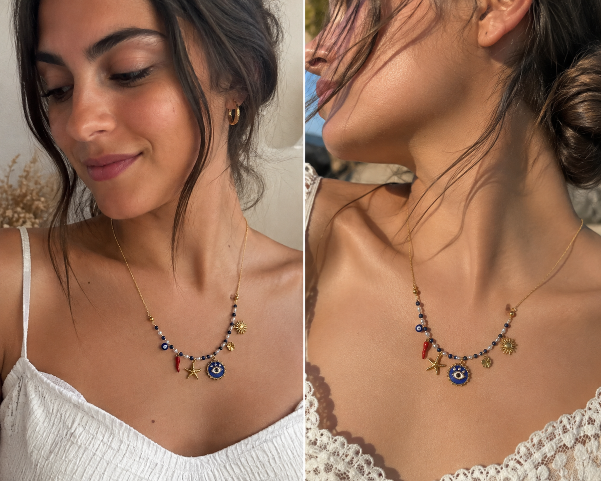 Collection Lapis Lazuli : Collier Œil et cornetto protecteur Bijoux Bohèmes & Symboliques