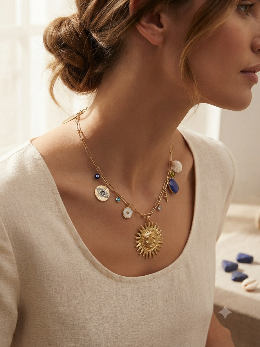 Collier soleil en lapis-lazuli Solea – bijou doré bohème