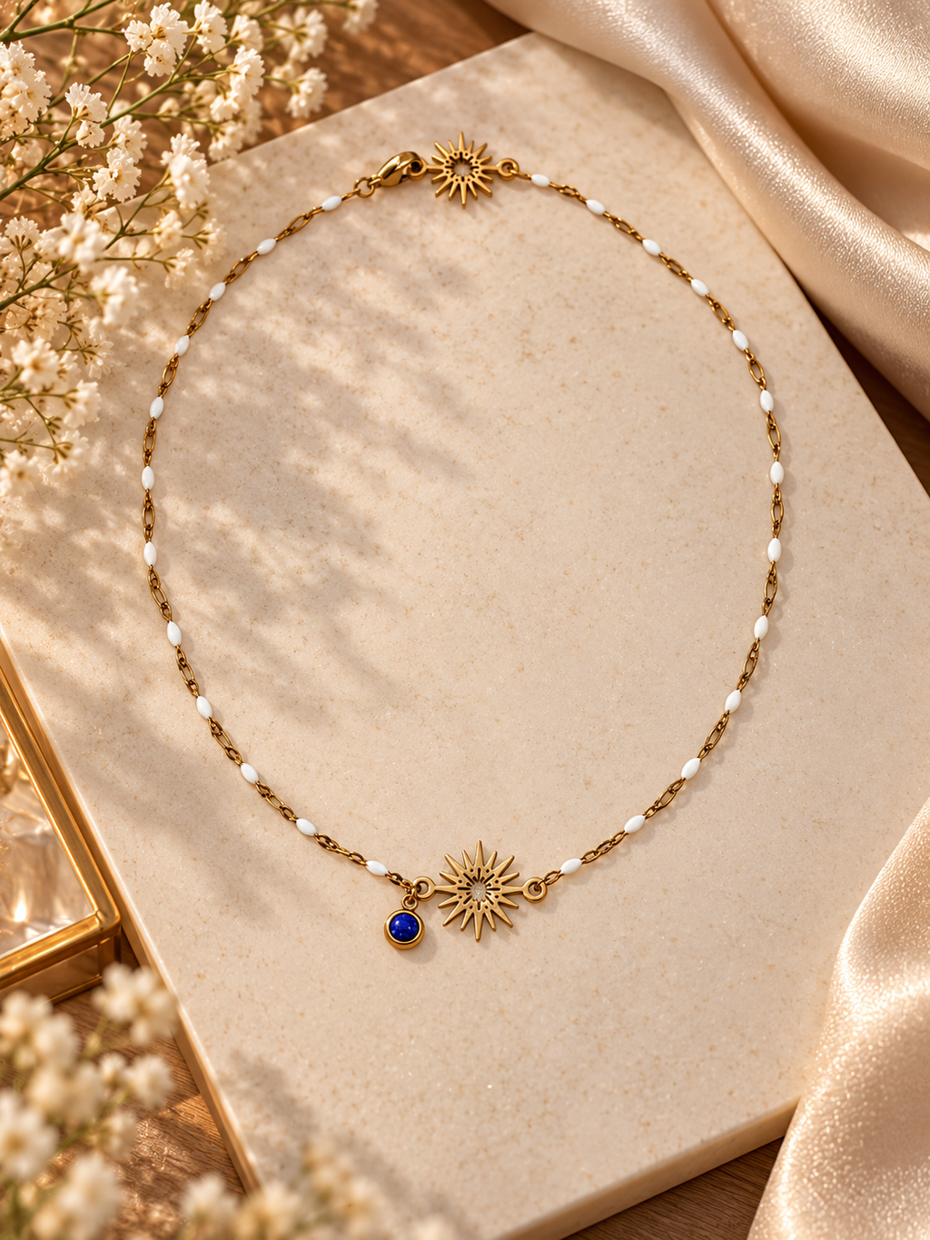 Collier ras de cou Soleil Doré Femme avec Pierre Bleue – 37 à 40 cm