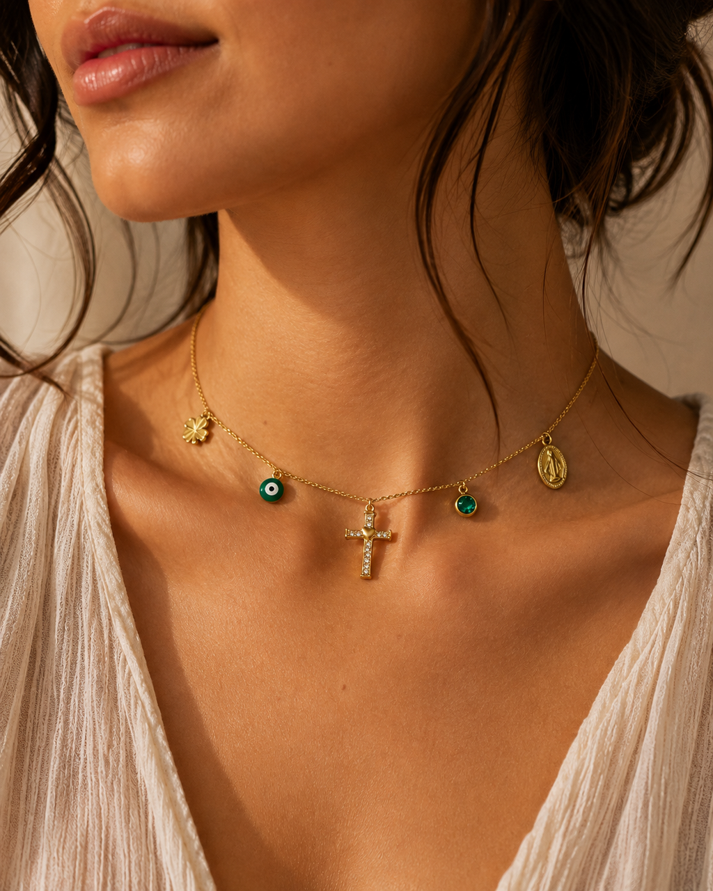 Collier Croix & Vierge | Argent Plaqué Or – Réglable