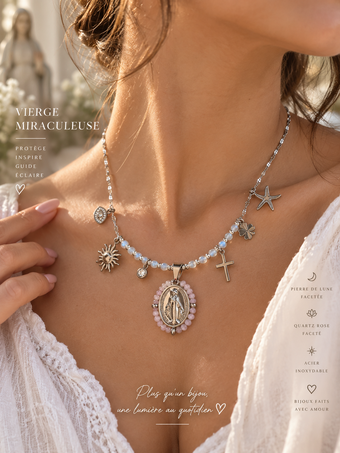 ✨ Collier Divine – Vierge Miraculeuse & Pierres Naturelles