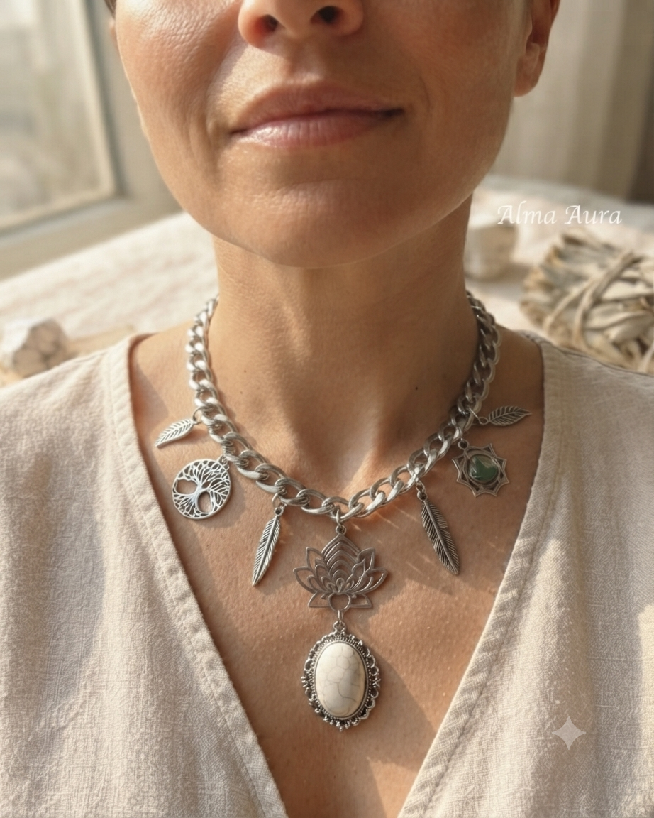 Collier lotus en howlite blanche – talisman argenté