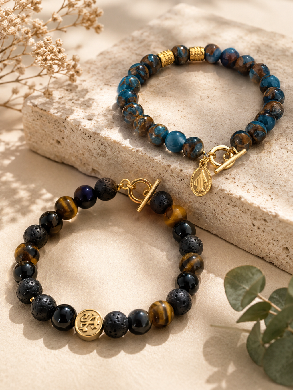 Bracelet Homme | Talisman Jaspe Bleu & Vierge Miraculeuse Dorée | Paix & Protection Divine