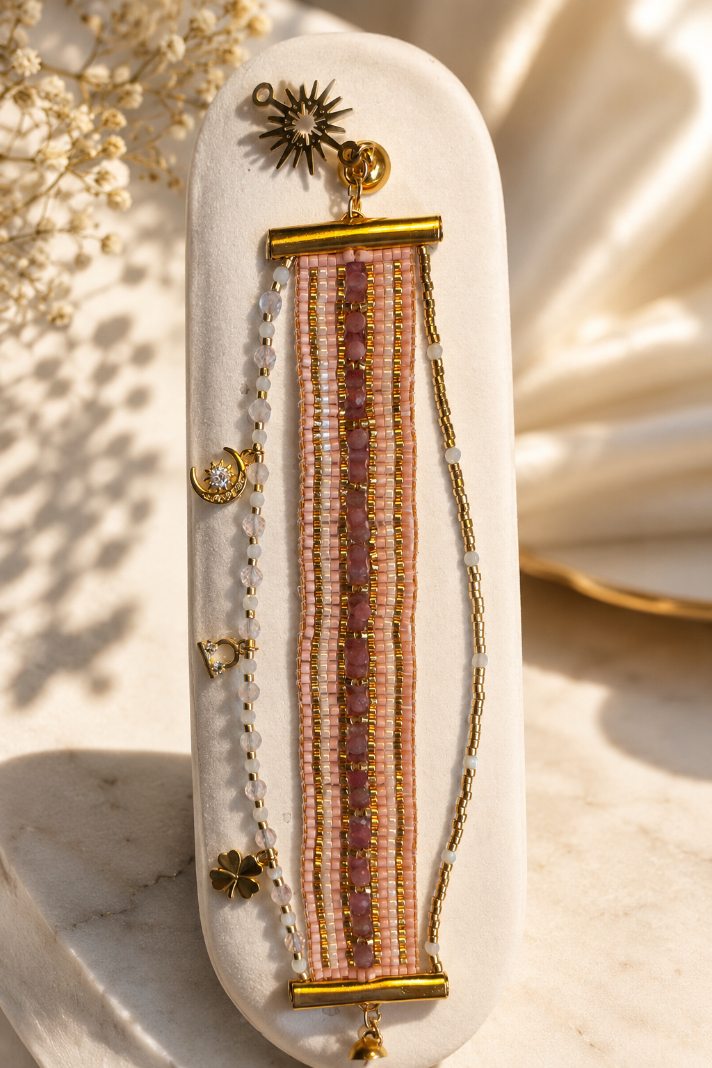 Bracelet Reina| Bracelet Signe Astrologique Balance – Tourmaline Rose, Quartz Rose & Nacre | Personnalisable