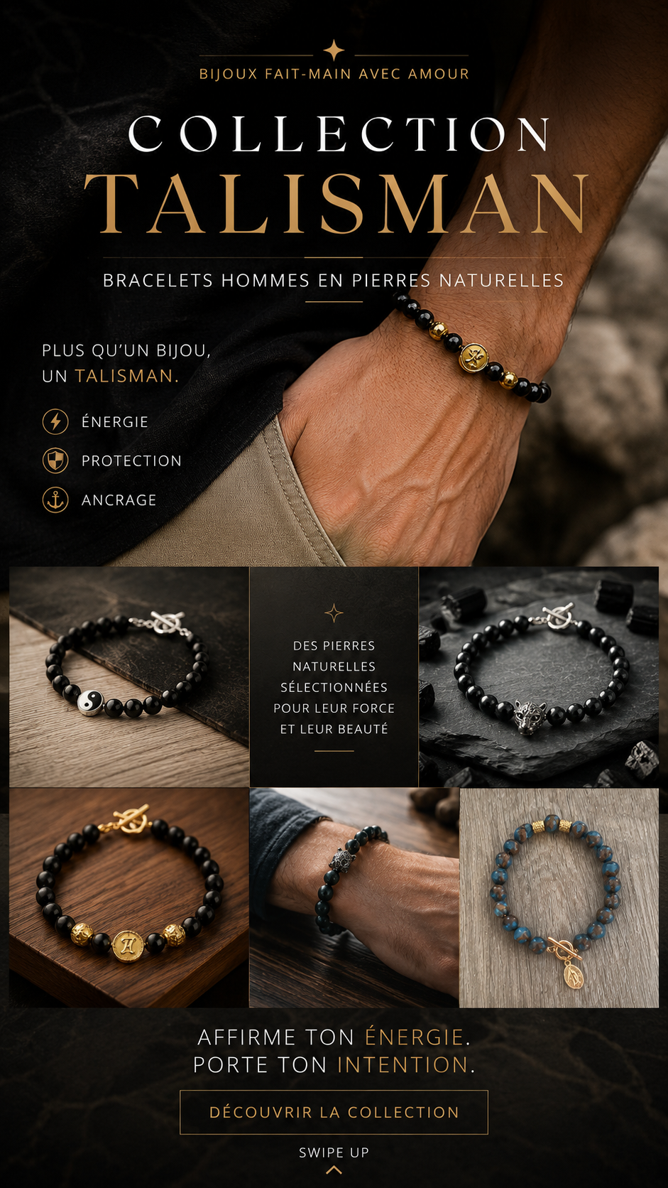 Bracelet homme obsidienne dorée facettée – Yin Yang