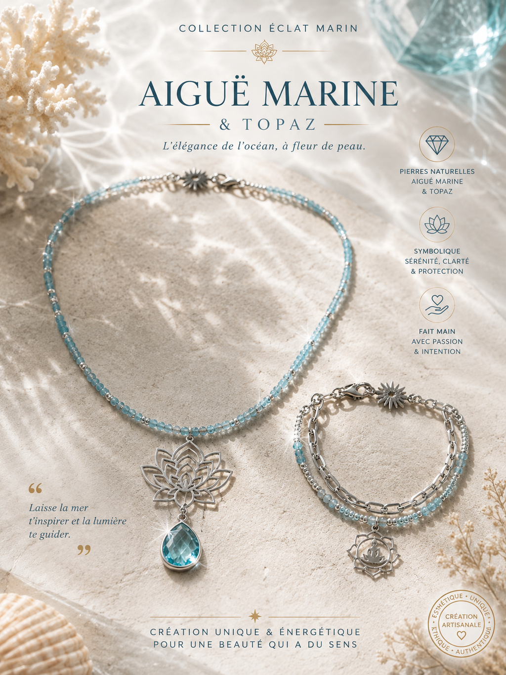 Parure Aigue-Marine & Topaze Bleue – Acier Argenté | Le collier