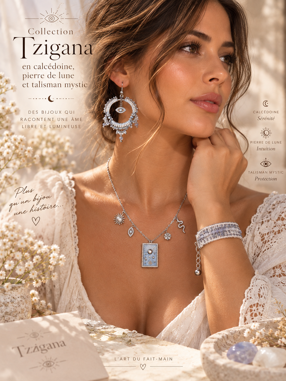 Créoles Pierre de Lune Bleutée & Miyuki Argent – Collection Tzigana