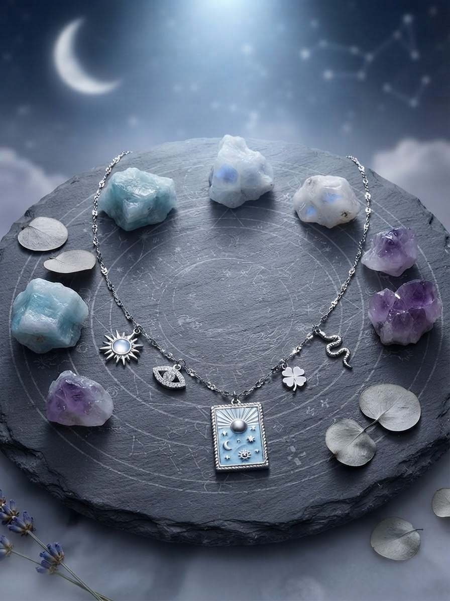 Collier Talisman Carte Émail & Acier – Protection & Longévité | Alma Aura