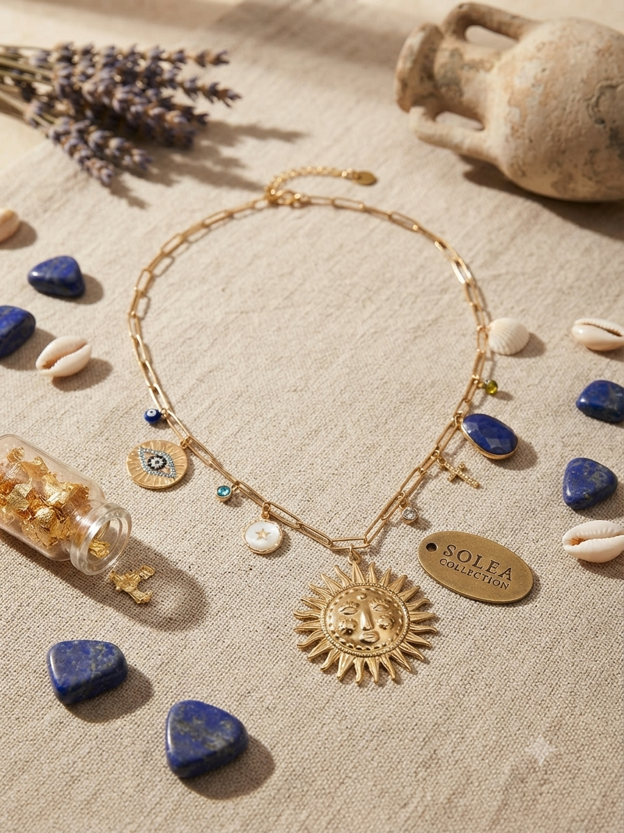 Collier soleil en lapis-lazuli Solea – bijou doré bohème