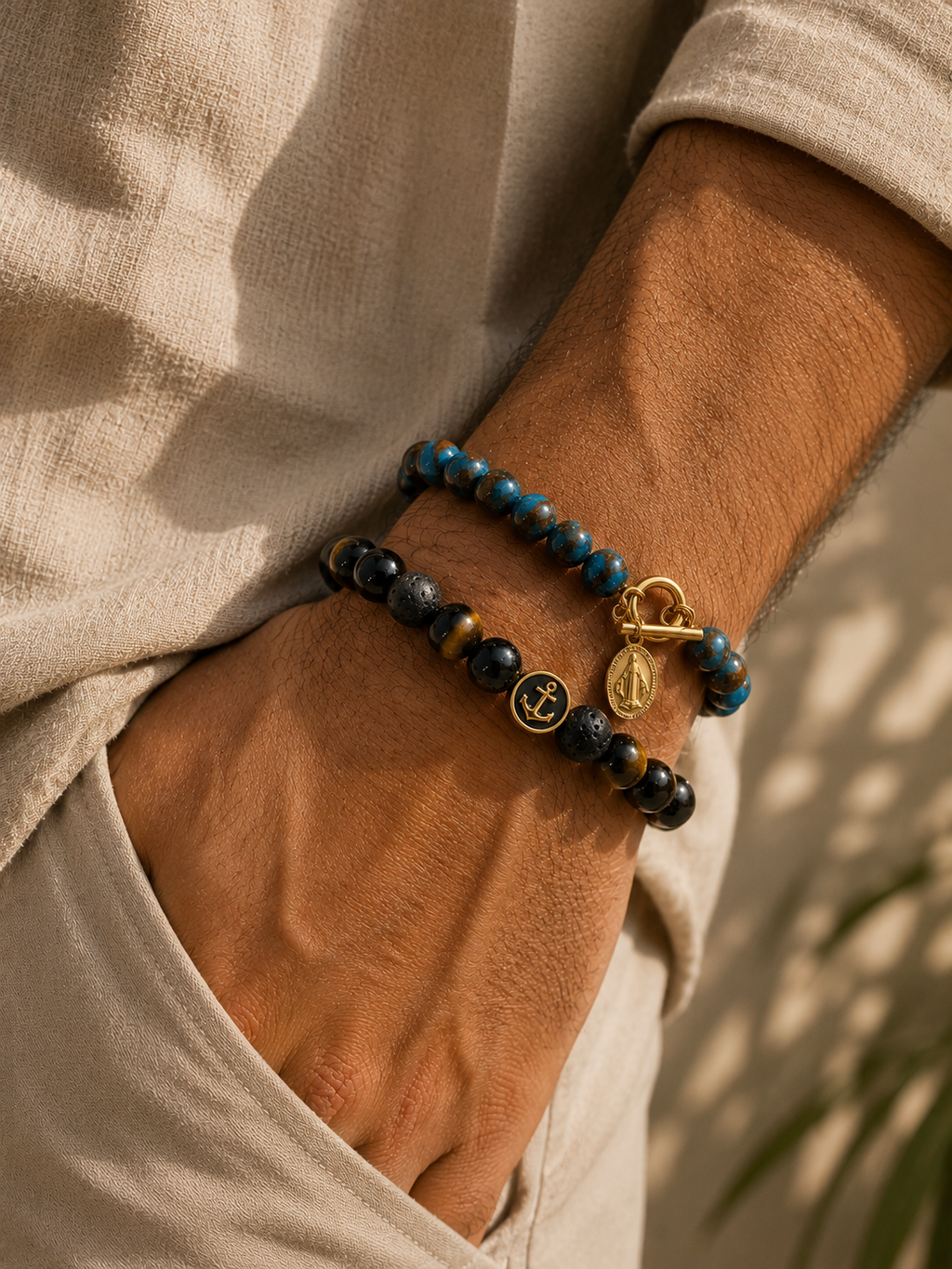 Bracelet Homme | Talisman Jaspe Bleu & Vierge Miraculeuse Dorée | Paix & Protection Divine