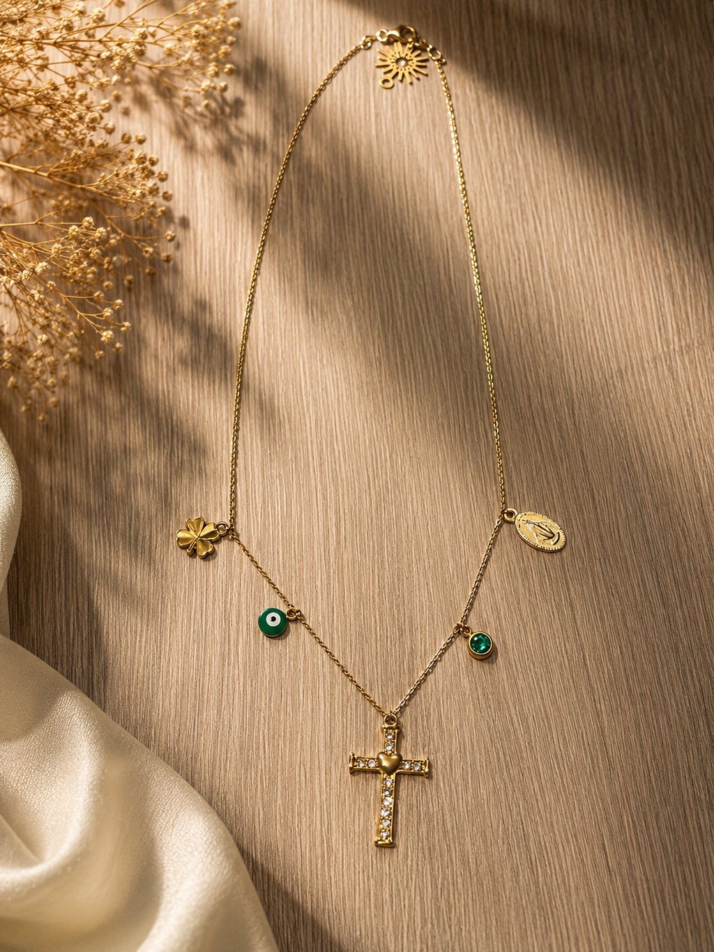 Collier Croix & Vierge | Argent Plaqué Or – Réglable