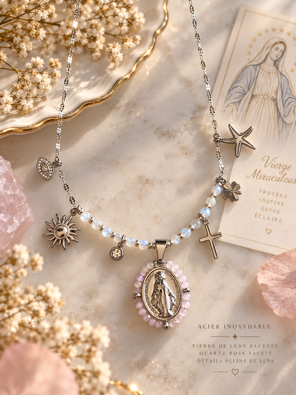 ✨ Collier Divine – Vierge Miraculeuse & Pierres Naturelles