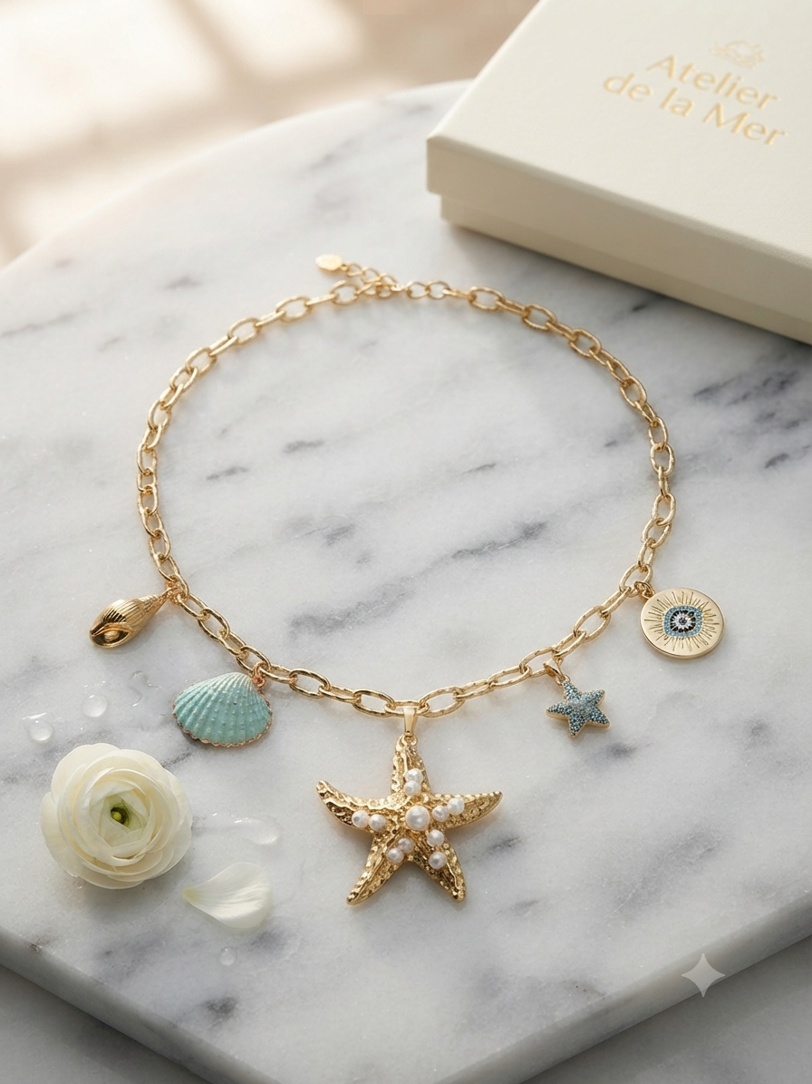 Collier coquillage et perles doré Trésor de Téthys
