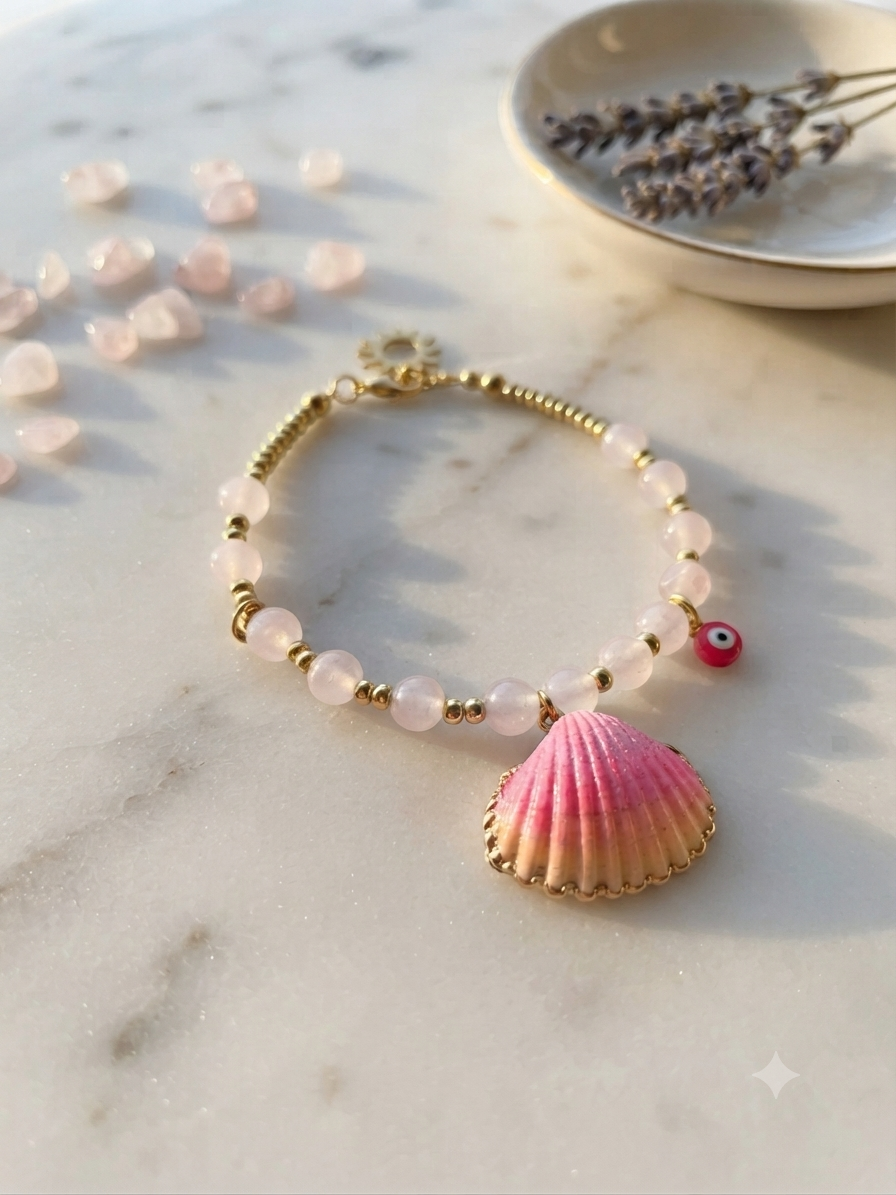 Bracelet quartz rose et coquillage Aphrodite – bijou doré