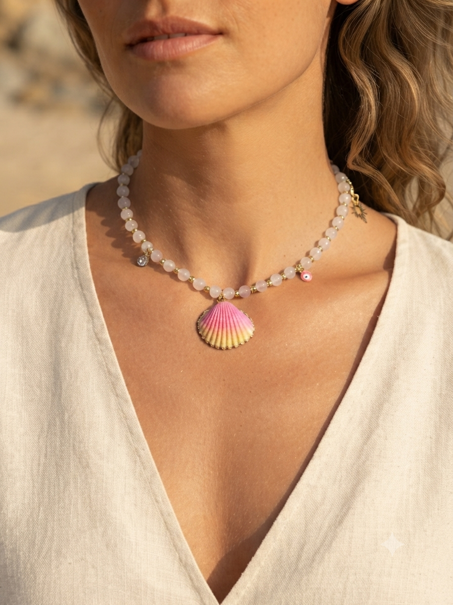 Ras-de-cou quartz rose Aphrodite – coquillage émaillé