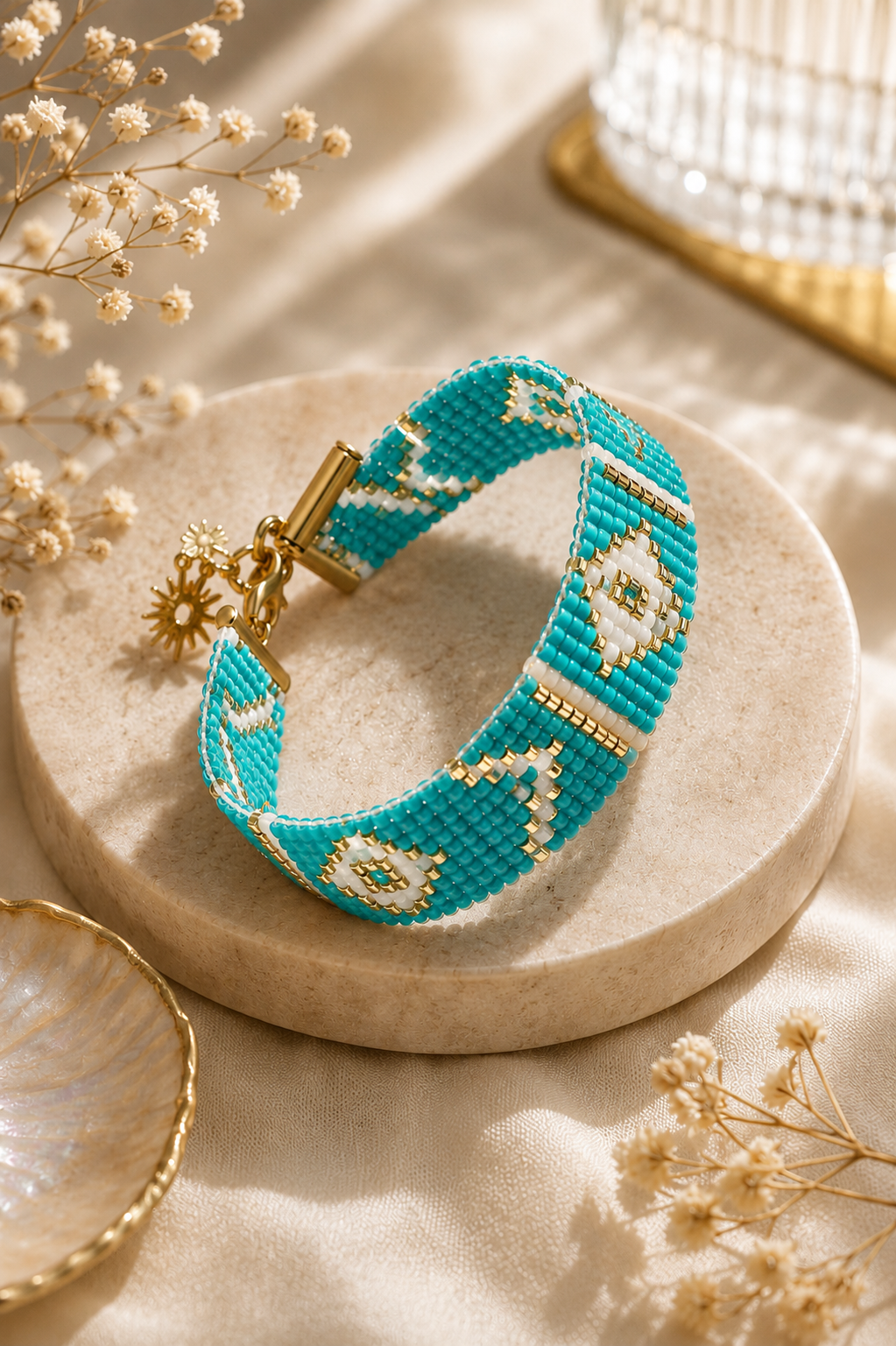 Bracelet tissé main turquoise et doré Aura Solaire