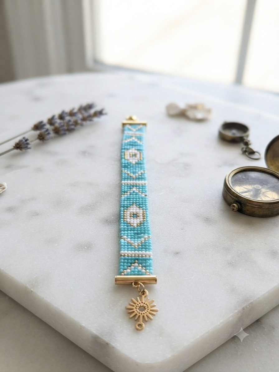 Bracelet tissé main turquoise et doré Aura Solaire