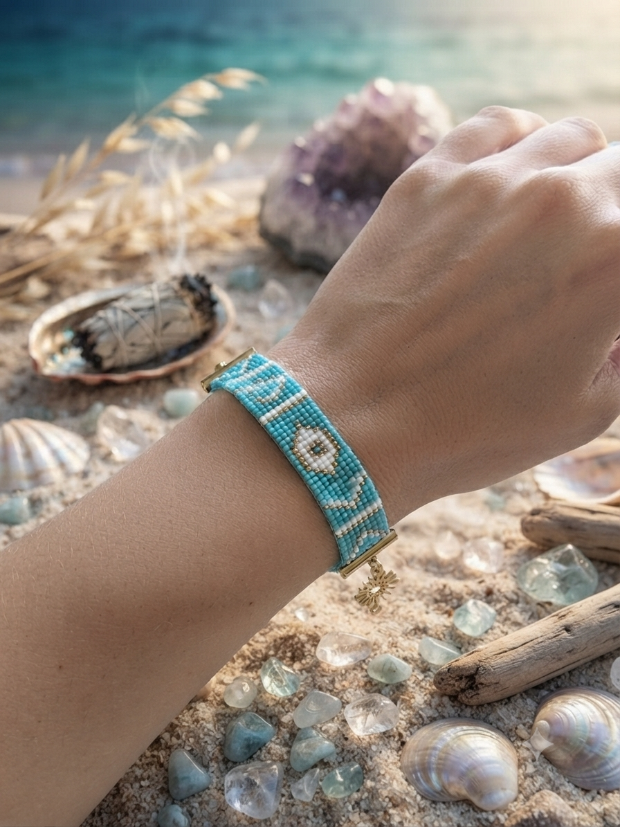 Bracelet tissé main turquoise et doré Aura Solaire