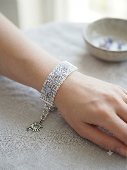Bracelet manchette tissé calcédoine lavande Céleste