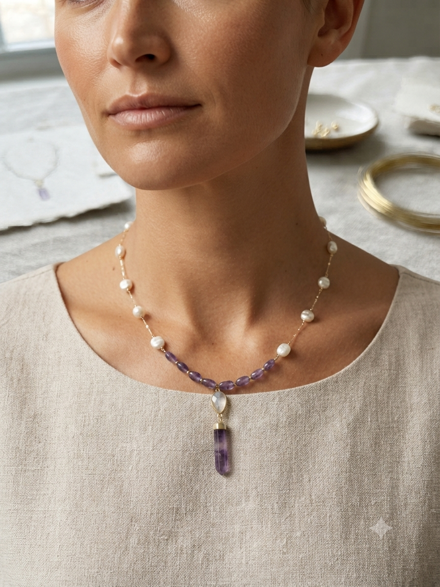 Collier améthyste, pierre de lune et perles d’eau douce