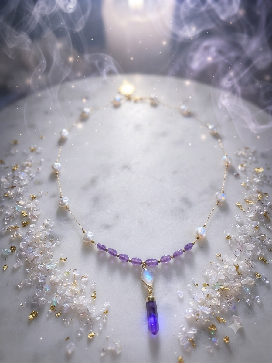 Collier améthyste, pierre de lune et perles d’eau douce