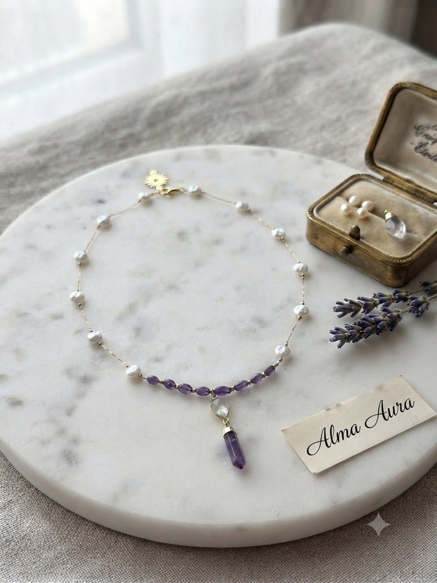 Collier améthyste, pierre de lune et perles d’eau douce