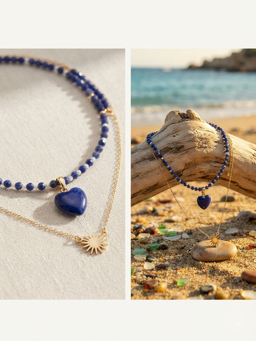 Collier lapis-lazuli cœur et soleil – bijou bohème