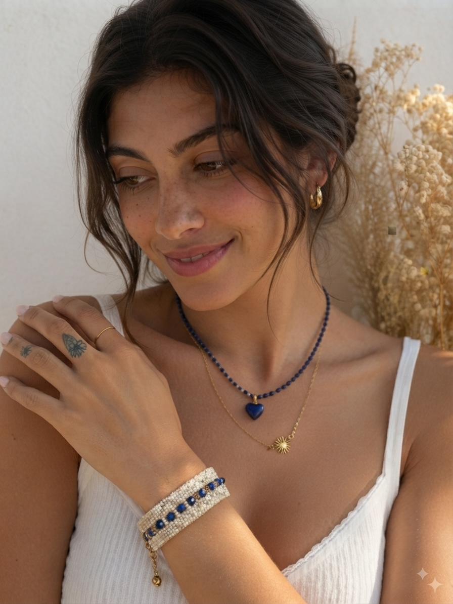 Collection Lapis Lazuli : Bracelet tissé fait main avec lapis lazuli incrustée |Bijoux Bohèmes & Symboliques