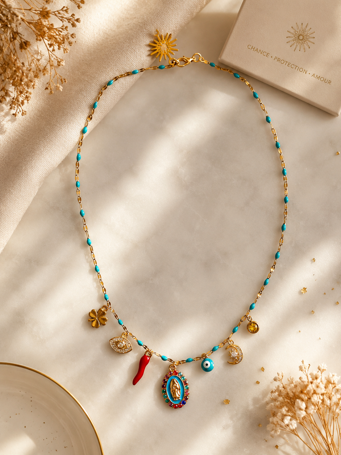 Chaîne Talisman Protection Vierge miraculeuse turquoise plaqué or et émail