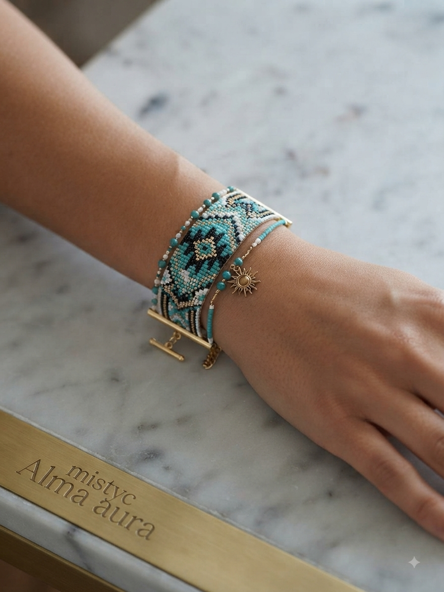 Bracelet Manchette Sole tissé à la main |turquoise ethnique | plaqué or