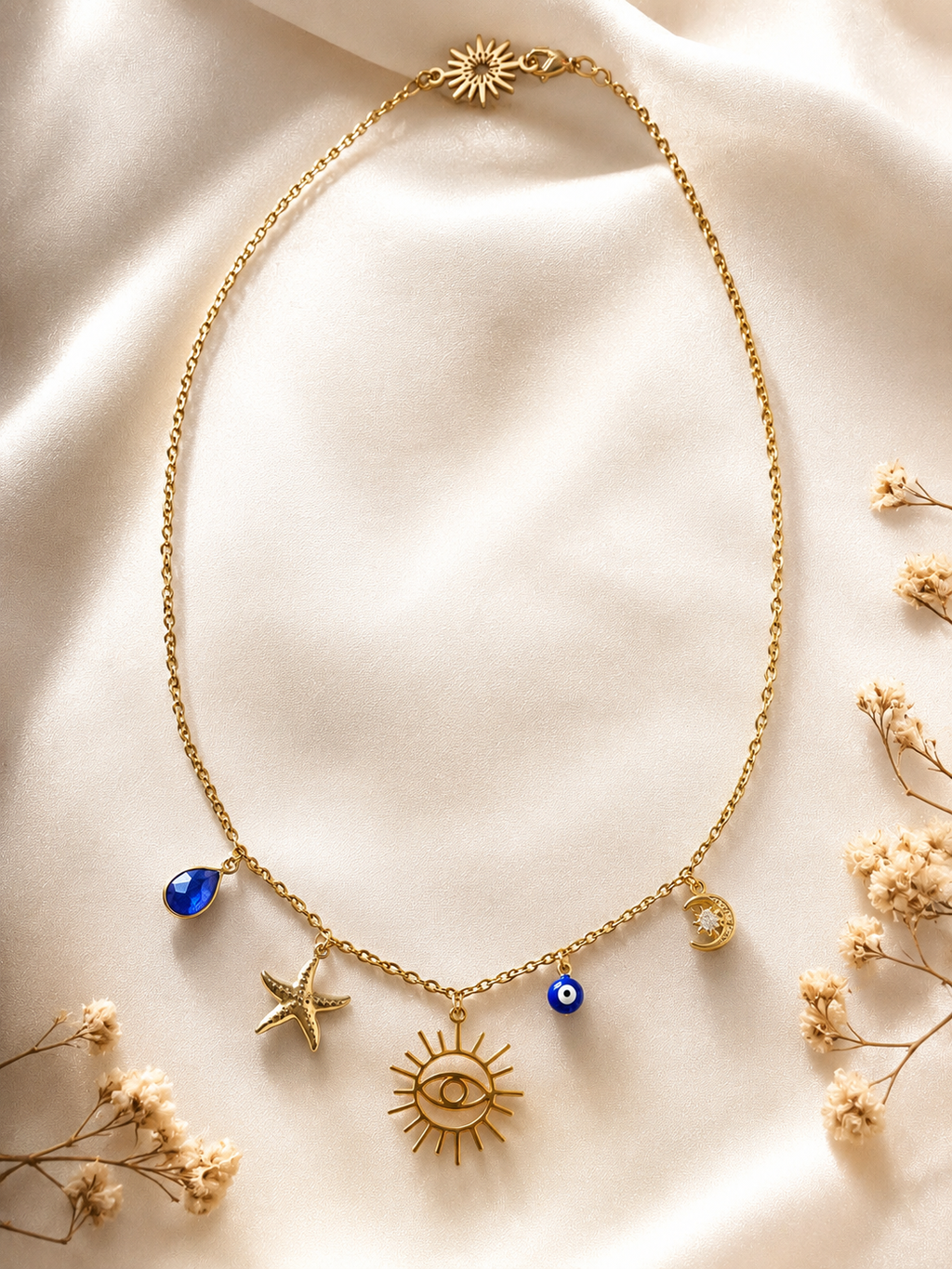 Talisman de Protection – Saphir Bleu Véritable & Acier Doré à l'Or Fin