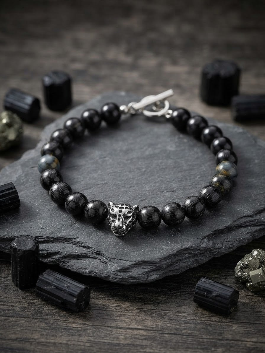 Bracelet homme tourmaline et tête de panthère