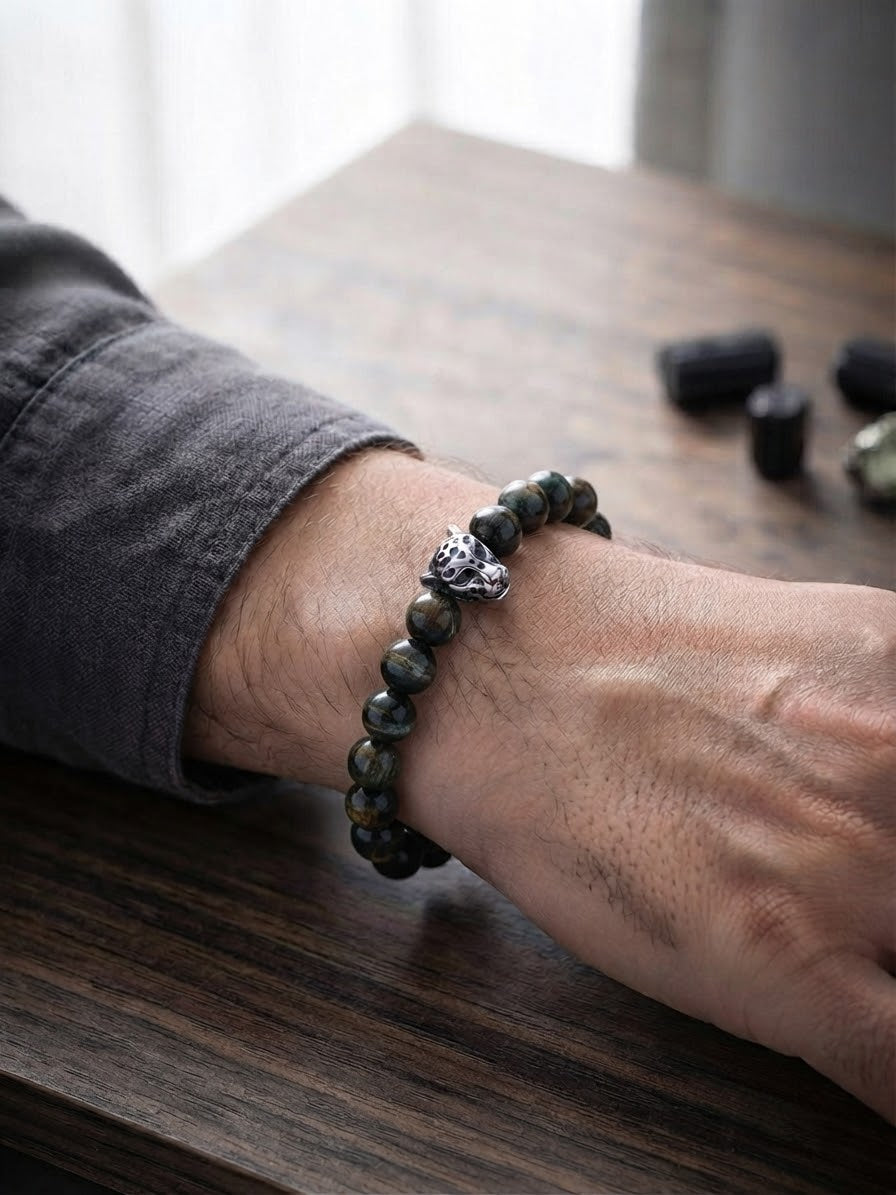Bracelet homme tourmaline et tête de panthère