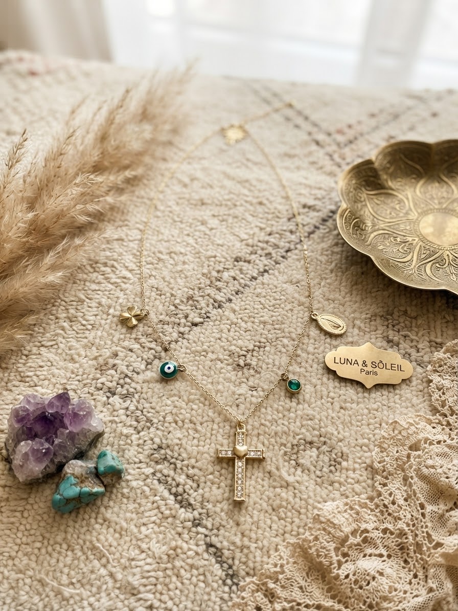 Collier Croix & Vierge | Argent Plaqué Or – Réglable