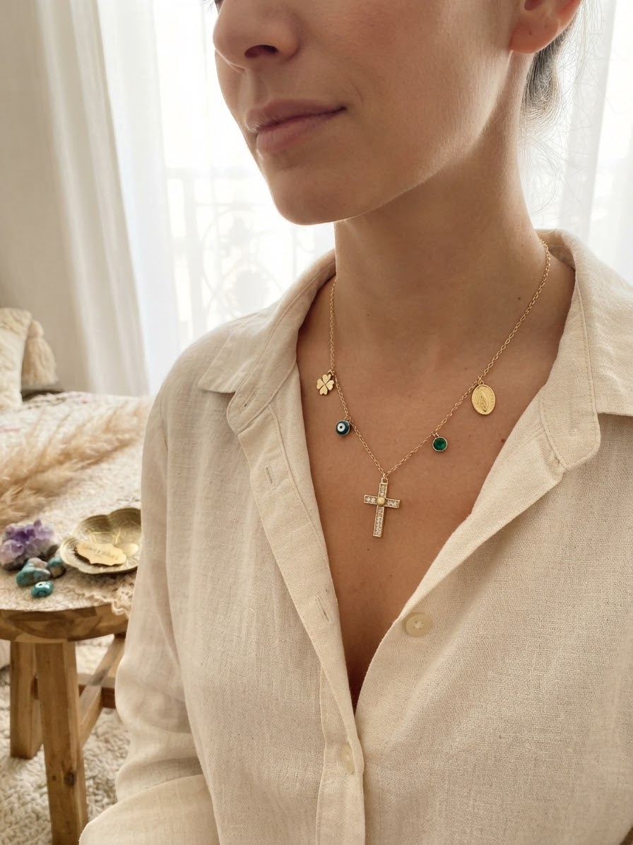 Collier Croix & Vierge | Argent Plaqué Or – Réglable