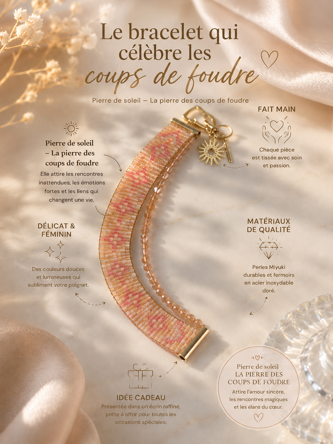 Manchette Fait Main Pierre de Soleil – Teintes Douces & Pastel