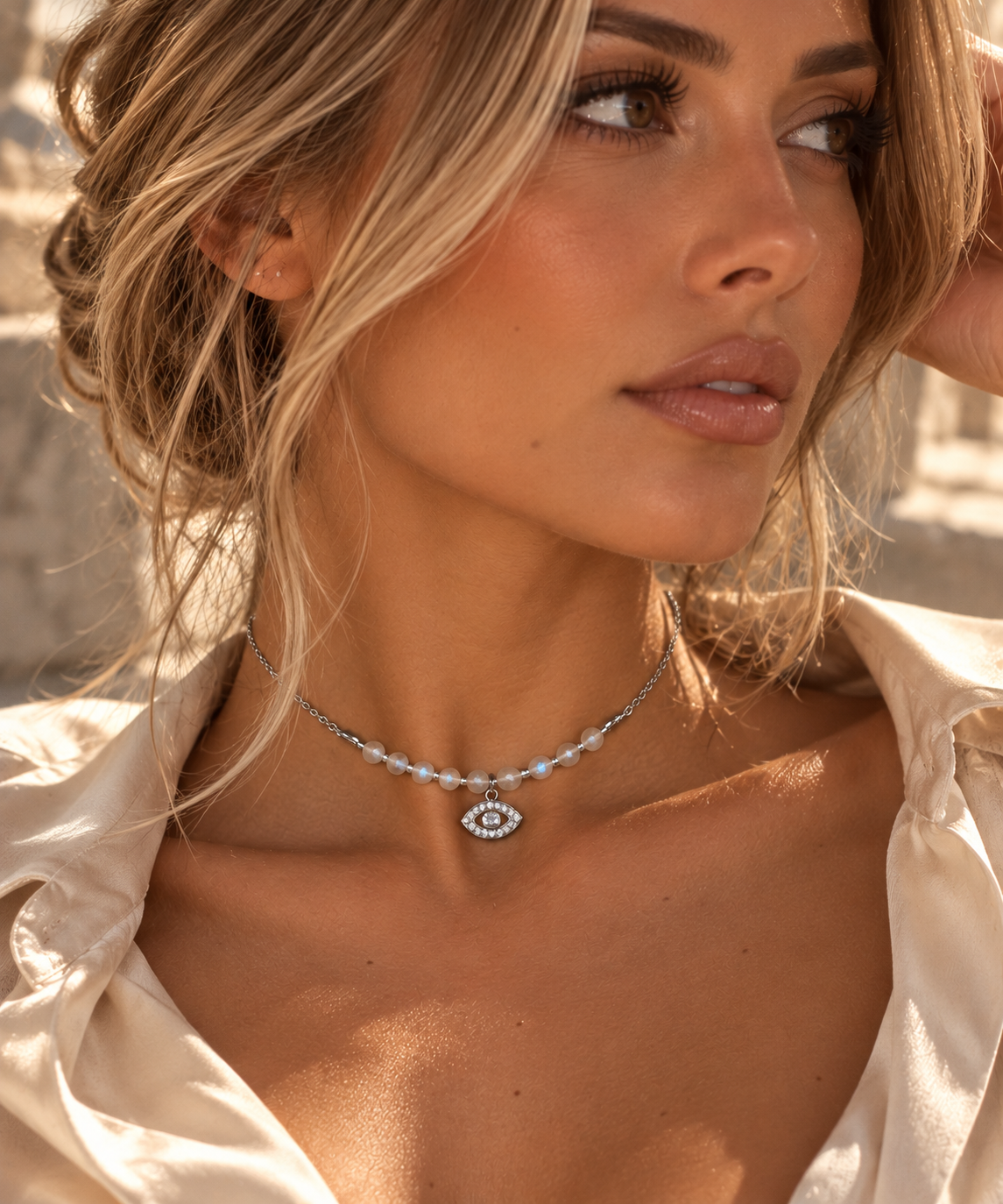 Collier Elyra Pierre de Lune Facettée & Œil Argenté | Alma Aura