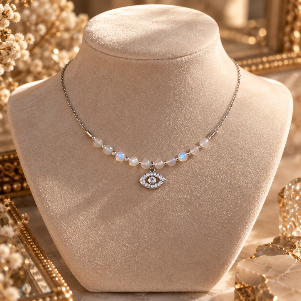 Collier Elyra Pierre de Lune Facettée & Œil Argenté | Alma Aura