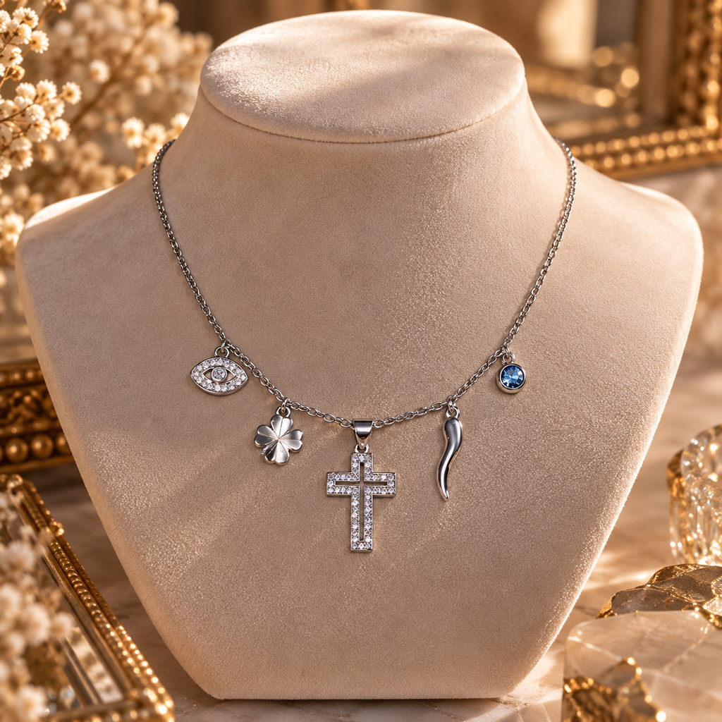 Collier Fortuna Multibreloques Argenté & Zircons | Alma Aura