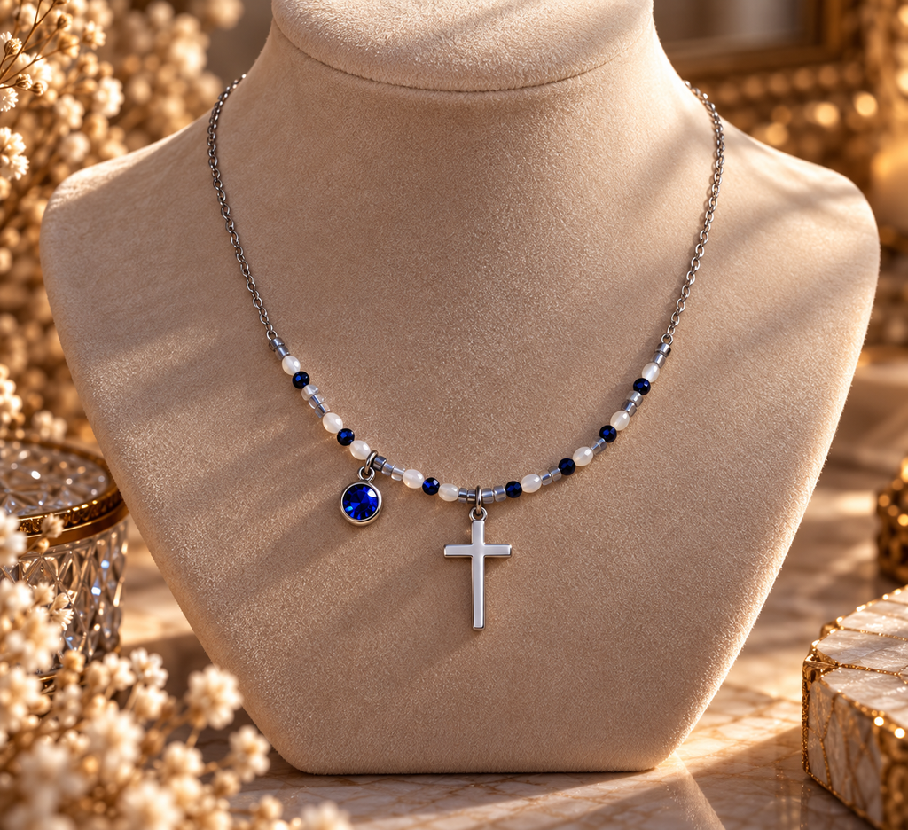 Collier Azelia Saphir & Nacre Croix Argentée  | Alma Aura